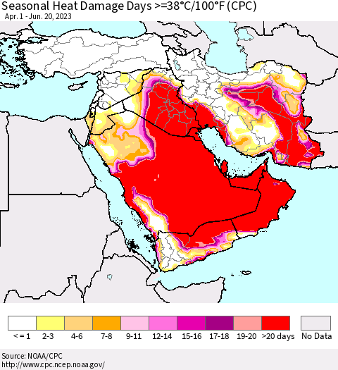 Middle East and Turkey Seasonal Heat Damage Days >=38°C/100°F (CPC) Thematic Map For 4/1/2023 - 6/20/2023