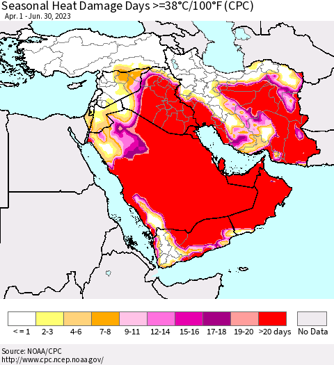Middle East and Turkey Seasonal Heat Damage Days >=38°C/100°F (CPC) Thematic Map For 4/1/2023 - 6/30/2023