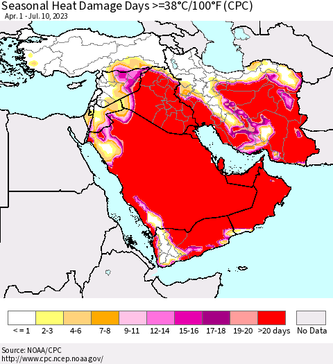 Middle East and Turkey Seasonal Heat Damage Days >=38°C/100°F (CPC) Thematic Map For 4/1/2023 - 7/10/2023