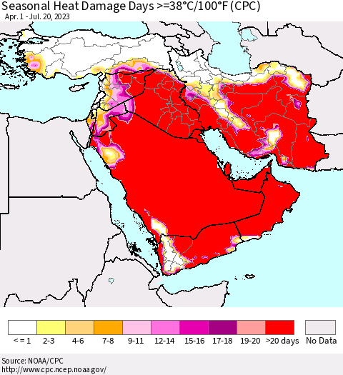 Middle East and Turkey Seasonal Heat Damage Days >=38°C/100°F (CPC) Thematic Map For 4/1/2023 - 7/20/2023