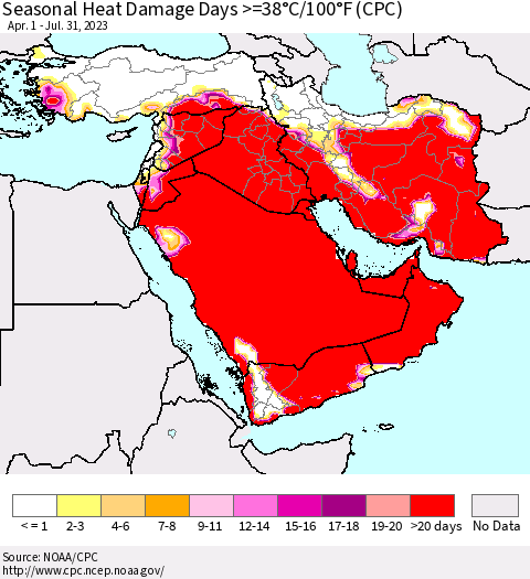 Middle East and Turkey Seasonal Heat Damage Days >=38°C/100°F (CPC) Thematic Map For 4/1/2023 - 7/31/2023