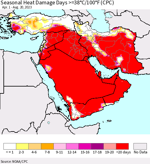 Middle East and Turkey Seasonal Heat Damage Days >=38°C/100°F (CPC) Thematic Map For 4/1/2023 - 8/20/2023