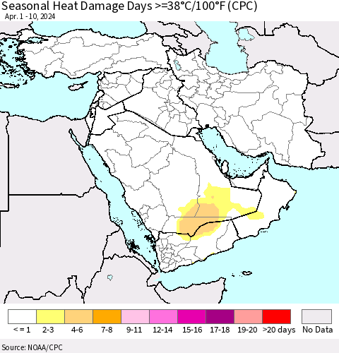 Middle East and Turkey Seasonal Heat Damage Days >=38°C/100°F (CPC) Thematic Map For 4/1/2024 - 4/10/2024