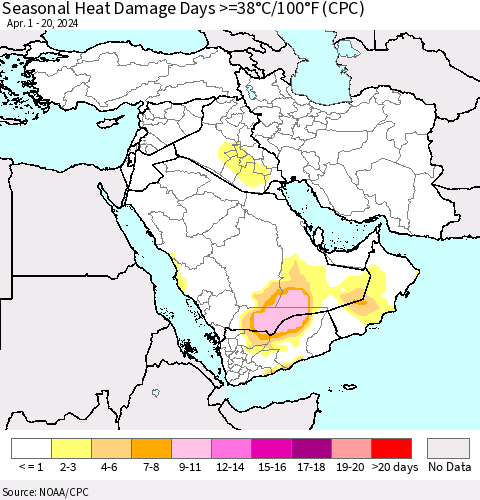 Middle East and Turkey Seasonal Heat Damage Days >=38°C/100°F (CPC) Thematic Map For 4/1/2024 - 4/20/2024