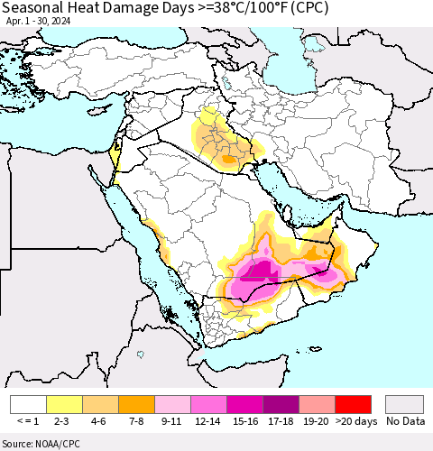 Middle East and Turkey Seasonal Heat Damage Days >=38°C/100°F (CPC) Thematic Map For 4/1/2024 - 4/30/2024
