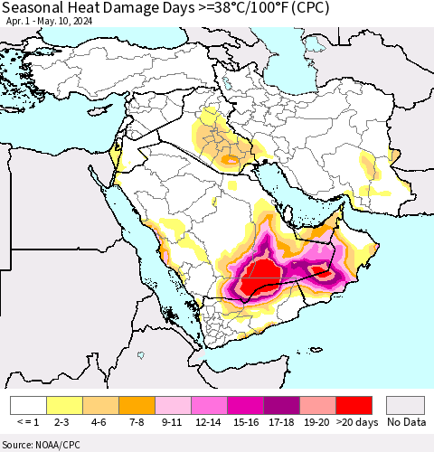 Middle East and Turkey Seasonal Heat Damage Days >=38°C/100°F (CPC) Thematic Map For 4/1/2024 - 5/10/2024