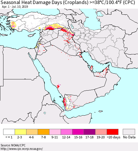 Middle East and Turkey Seasonal Heat Damage Days (Croplands) >=38°C/100°F (CPC) Thematic Map For 4/1/2019 - 7/10/2019