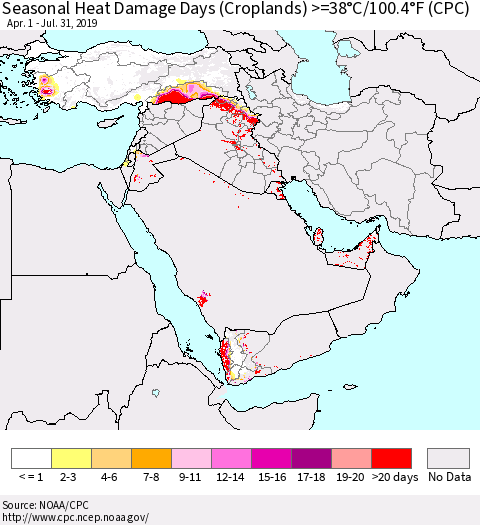 Middle East and Turkey Seasonal Heat Damage Days (Croplands) >=38°C/100°F (CPC) Thematic Map For 4/1/2019 - 7/31/2019