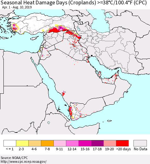 Middle East and Turkey Seasonal Heat Damage Days (Croplands) >=38°C/100°F (CPC) Thematic Map For 4/1/2019 - 8/10/2019