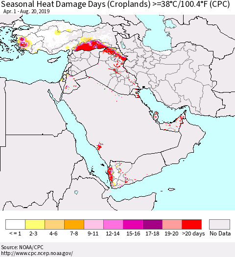 Middle East and Turkey Seasonal Heat Damage Days (Croplands) >=38°C/100°F (CPC) Thematic Map For 4/1/2019 - 8/20/2019
