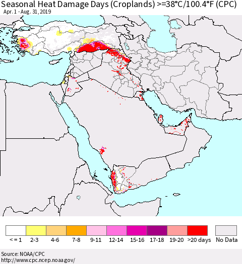 Middle East and Turkey Seasonal Heat Damage Days (Croplands) >=38°C/100°F (CPC) Thematic Map For 4/1/2019 - 8/31/2019