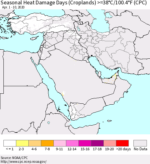 Middle East and Turkey Seasonal Heat Damage Days (Croplands) >=38°C/100°F (CPC) Thematic Map For 4/1/2020 - 4/10/2020