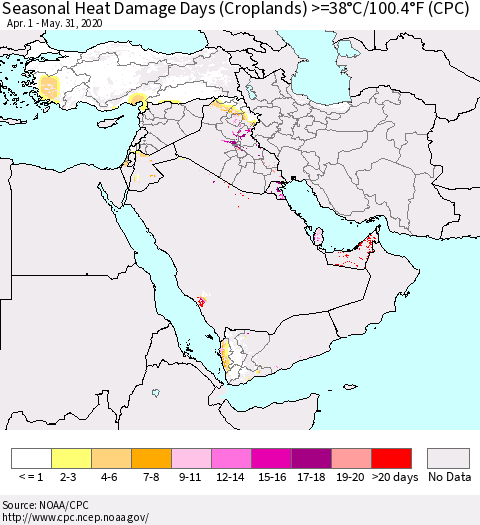 Middle East and Turkey Seasonal Heat Damage Days (Croplands) >=38°C/100°F (CPC) Thematic Map For 4/1/2020 - 5/31/2020