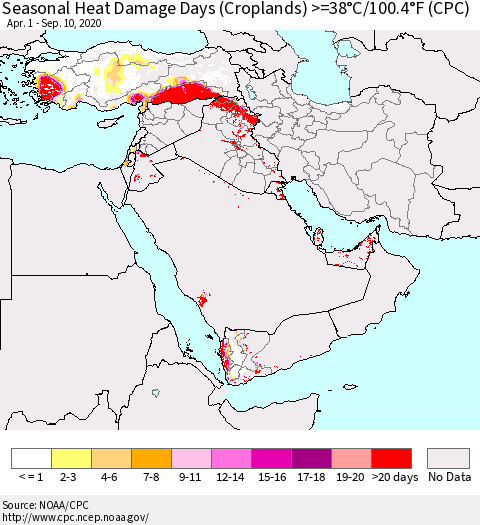 Middle East and Turkey Seasonal Heat Damage Days (Croplands) >=38°C/100°F (CPC) Thematic Map For 4/1/2020 - 9/10/2020