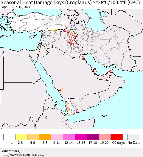 Middle East and Turkey Seasonal Heat Damage Days (Croplands) >=38°C/100°F (CPC) Thematic Map For 4/1/2021 - 6/10/2021