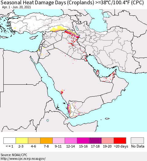 Middle East and Turkey Seasonal Heat Damage Days (Croplands) >=38°C/100°F (CPC) Thematic Map For 4/1/2021 - 6/20/2021