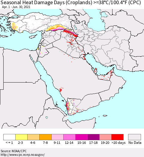 Middle East and Turkey Seasonal Heat Damage Days (Croplands) >=38°C/100°F (CPC) Thematic Map For 4/1/2021 - 6/30/2021