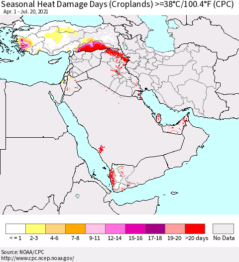 Middle East and Turkey Seasonal Heat Damage Days (Croplands) >=38°C/100°F (CPC) Thematic Map For 4/1/2021 - 7/20/2021