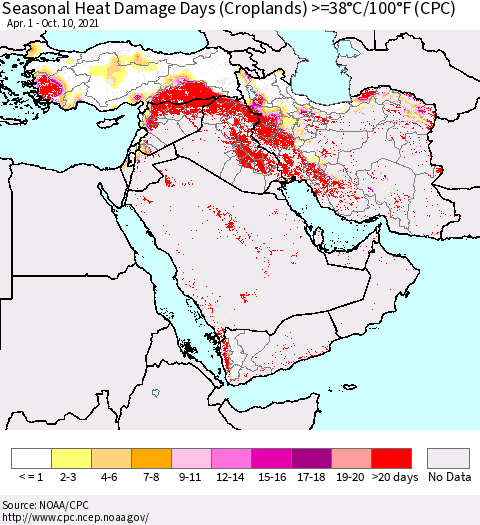 Middle East and Turkey Seasonal Heat Damage Days (Croplands) >=38°C/100°F (CPC) Thematic Map For 4/1/2021 - 10/10/2021