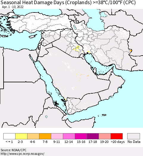 Middle East and Turkey Seasonal Heat Damage Days (Croplands) >=38°C/100°F (CPC) Thematic Map For 4/1/2022 - 4/10/2022
