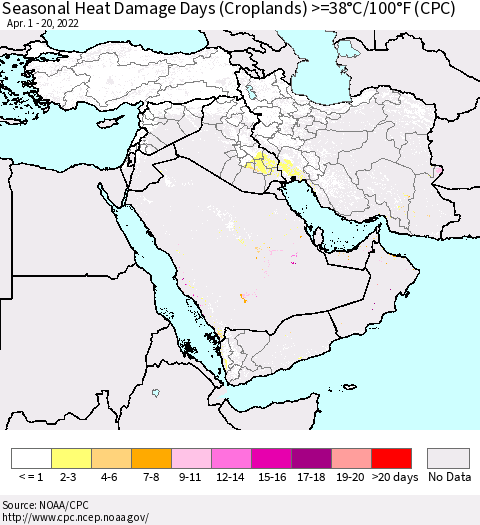 Middle East and Turkey Seasonal Heat Damage Days (Croplands) >=38°C/100°F (CPC) Thematic Map For 4/1/2022 - 4/20/2022