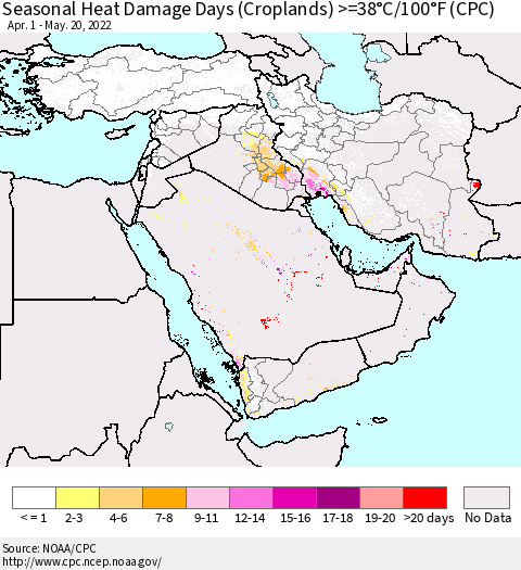 Middle East and Turkey Seasonal Heat Damage Days (Croplands) >=38°C/100°F (CPC) Thematic Map For 4/1/2022 - 5/20/2022