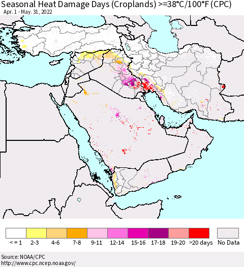 Middle East and Turkey Seasonal Heat Damage Days (Croplands) >=38°C/100°F (CPC) Thematic Map For 4/1/2022 - 5/31/2022