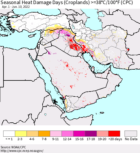 Middle East and Turkey Seasonal Heat Damage Days (Croplands) >=38°C/100°F (CPC) Thematic Map For 4/1/2022 - 6/10/2022