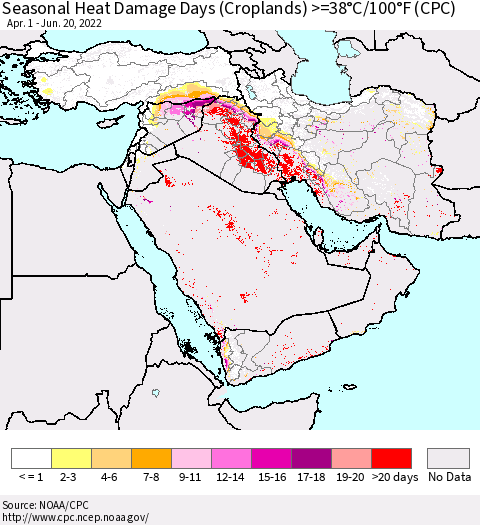 Middle East and Turkey Seasonal Heat Damage Days (Croplands) >=38°C/100°F (CPC) Thematic Map For 4/1/2022 - 6/20/2022
