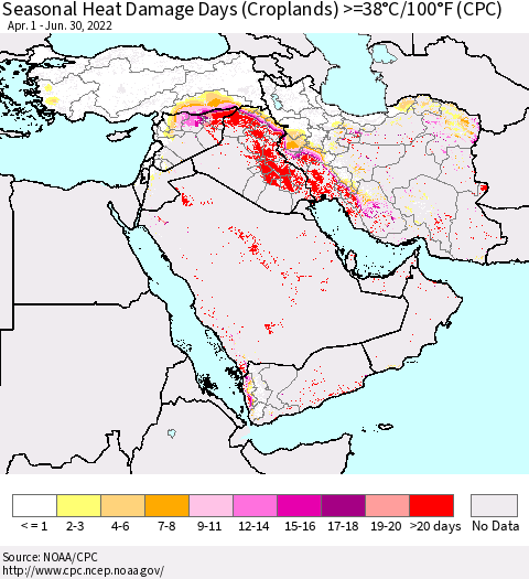 Middle East and Turkey Seasonal Heat Damage Days (Croplands) >=38°C/100°F (CPC) Thematic Map For 4/1/2022 - 6/30/2022