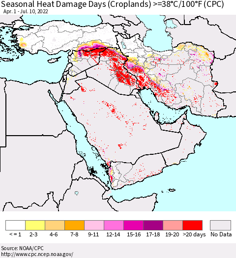 Middle East and Turkey Seasonal Heat Damage Days (Croplands) >=38°C/100°F (CPC) Thematic Map For 4/1/2022 - 7/10/2022