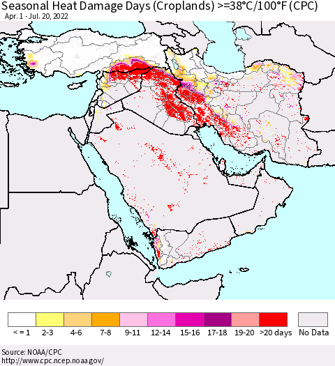 Middle East and Turkey Seasonal Heat Damage Days (Croplands) >=38°C/100°F (CPC) Thematic Map For 4/1/2022 - 7/20/2022