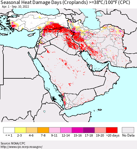 Middle East and Turkey Seasonal Heat Damage Days (Croplands) >=38°C/100°F (CPC) Thematic Map For 4/1/2022 - 9/10/2022