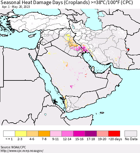 Middle East and Turkey Seasonal Heat Damage Days (Croplands) >=38°C/100°F (CPC) Thematic Map For 4/1/2023 - 5/20/2023