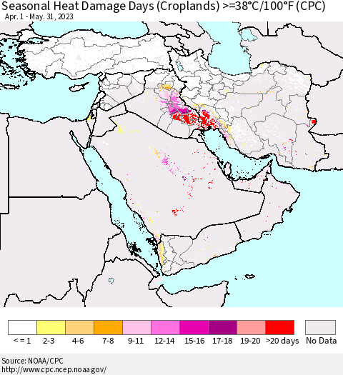 Middle East and Turkey Seasonal Heat Damage Days (Croplands) >=38°C/100°F (CPC) Thematic Map For 4/1/2023 - 5/31/2023