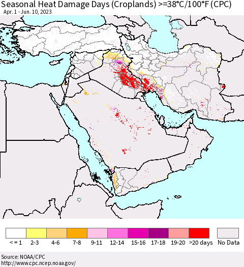 Middle East and Turkey Seasonal Heat Damage Days (Croplands) >=38°C/100°F (CPC) Thematic Map For 4/1/2023 - 6/10/2023