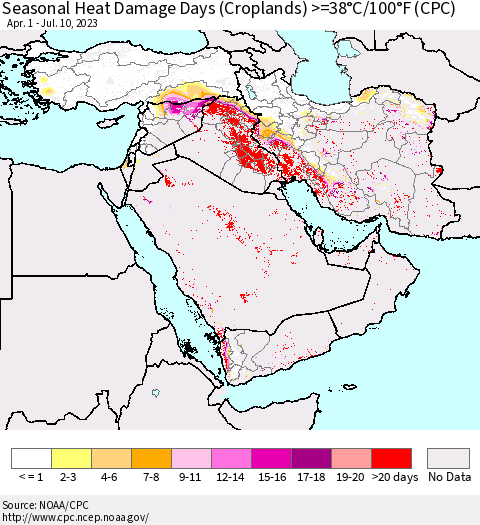 Middle East and Turkey Seasonal Heat Damage Days (Croplands) >=38°C/100°F (CPC) Thematic Map For 4/1/2023 - 7/10/2023