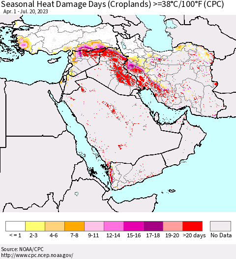 Middle East and Turkey Seasonal Heat Damage Days (Croplands) >=38°C/100°F (CPC) Thematic Map For 4/1/2023 - 7/20/2023