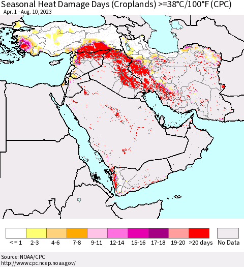 Middle East and Turkey Seasonal Heat Damage Days (Croplands) >=38°C/100°F (CPC) Thematic Map For 4/1/2023 - 8/10/2023