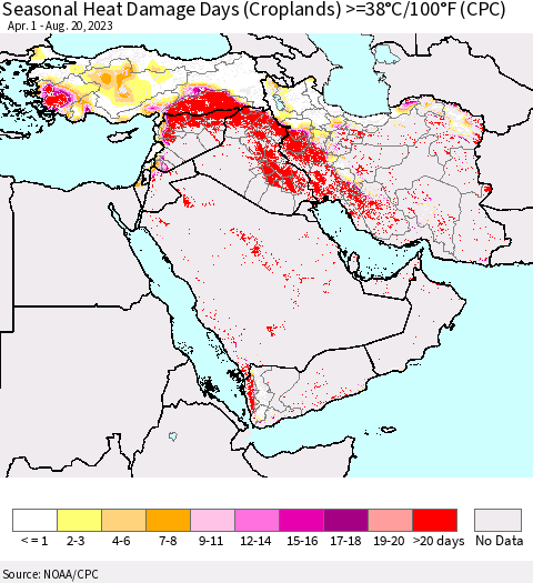 Middle East and Turkey Seasonal Heat Damage Days (Croplands) >=38°C/100°F (CPC) Thematic Map For 4/1/2023 - 8/20/2023