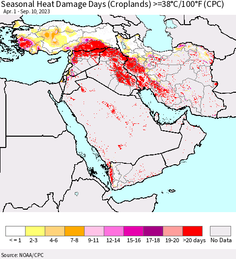 Middle East and Turkey Seasonal Heat Damage Days (Croplands) >=38°C/100°F (CPC) Thematic Map For 4/1/2023 - 9/10/2023