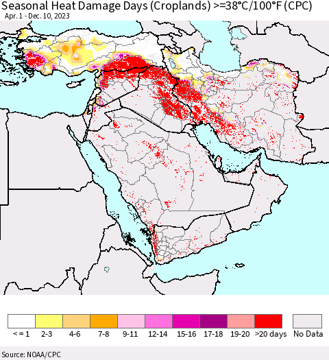 Middle East and Turkey Seasonal Heat Damage Days (Croplands) >=38°C/100°F (CPC) Thematic Map For 4/1/2023 - 12/10/2023