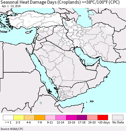 Middle East and Turkey Seasonal Heat Damage Days (Croplands) >=38°C/100°F (CPC) Thematic Map For 4/1/2024 - 4/10/2024