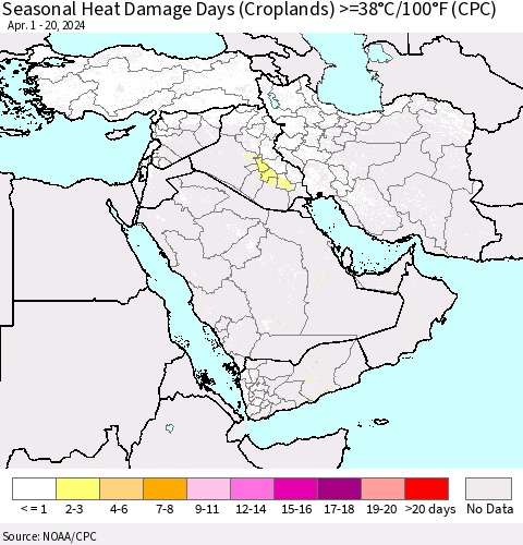 Middle East and Turkey Seasonal Heat Damage Days (Croplands) >=38°C/100°F (CPC) Thematic Map For 4/1/2024 - 4/20/2024