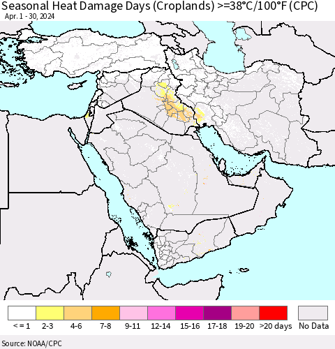 Middle East and Turkey Seasonal Heat Damage Days (Croplands) >=38°C/100°F (CPC) Thematic Map For 4/1/2024 - 4/30/2024