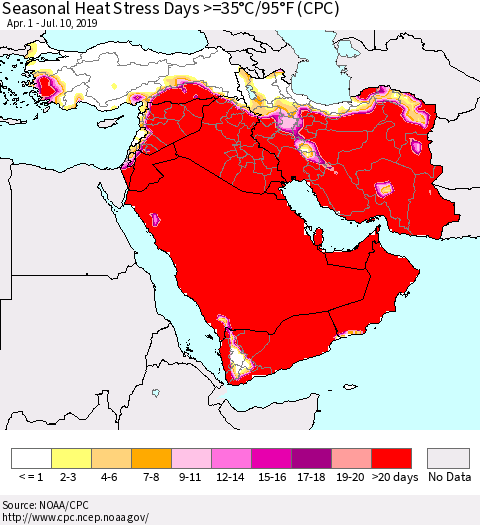 Middle East and Turkey Seasonal Heat Stress Days >=35°C/95°F (CPC) Thematic Map For 4/1/2019 - 7/10/2019