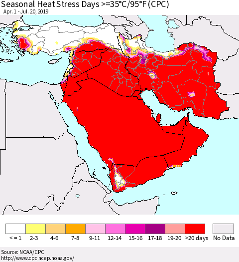 Middle East and Turkey Seasonal Heat Stress Days >=35°C/95°F (CPC) Thematic Map For 4/1/2019 - 7/20/2019