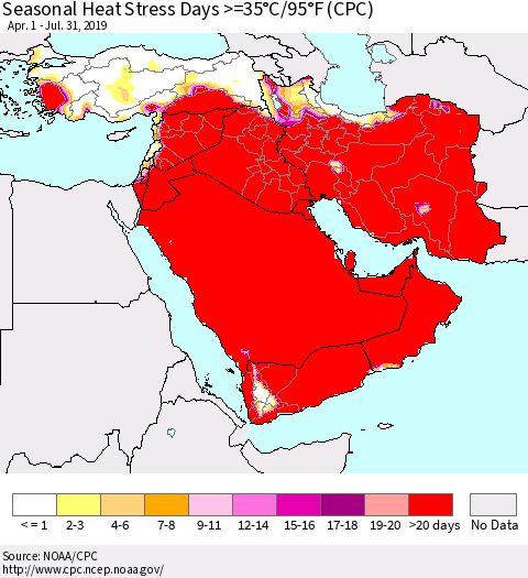 Middle East and Turkey Seasonal Heat Stress Days >=35°C/95°F (CPC) Thematic Map For 4/1/2019 - 7/31/2019