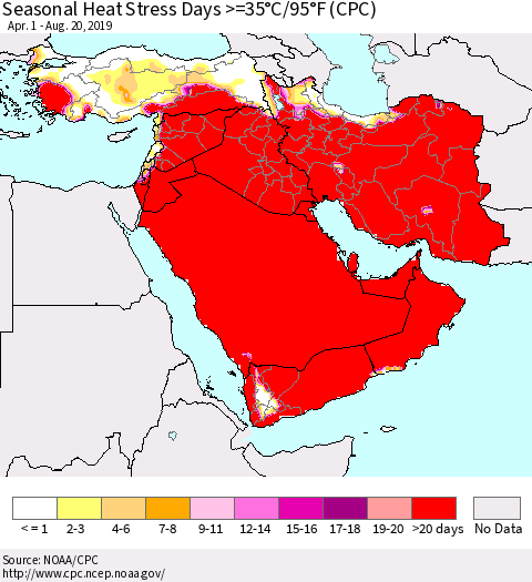 Middle East and Turkey Seasonal Heat Stress Days >=35°C/95°F (CPC) Thematic Map For 4/1/2019 - 8/20/2019