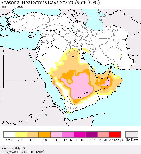 Middle East and Turkey Seasonal Heat Stress Days >=35°C/95°F (CPC) Thematic Map For 4/1/2020 - 4/10/2020
